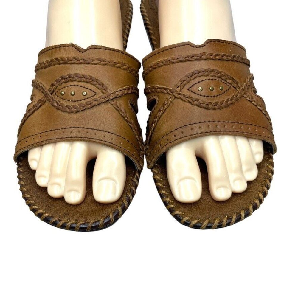 Isotoner Brown Leather Braided Detail Slip On Wedge Heel Sandals Slides Size 8.5 - Picture 2 of 12